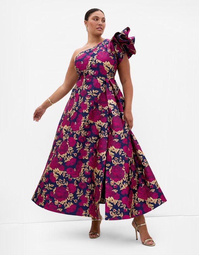 City Chic - Plus size Grand Gala One Shoulder Jacquard Gown - navy