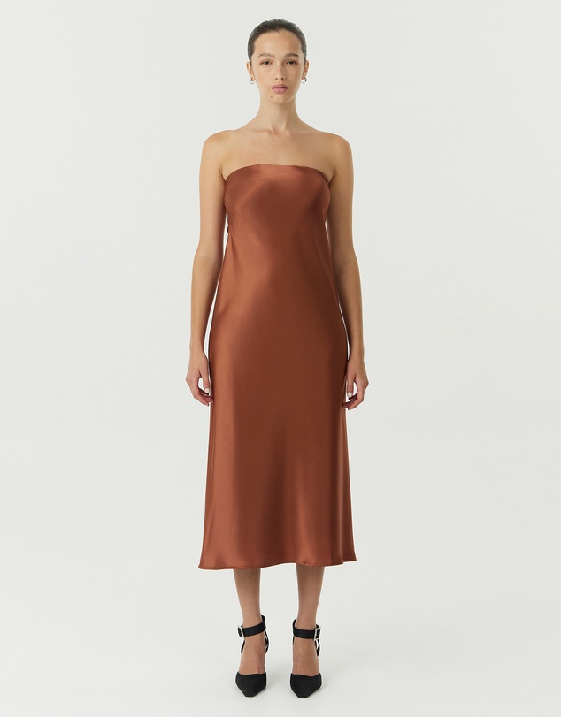 Third Form - Satin Tie Back Strapless Midi Dress