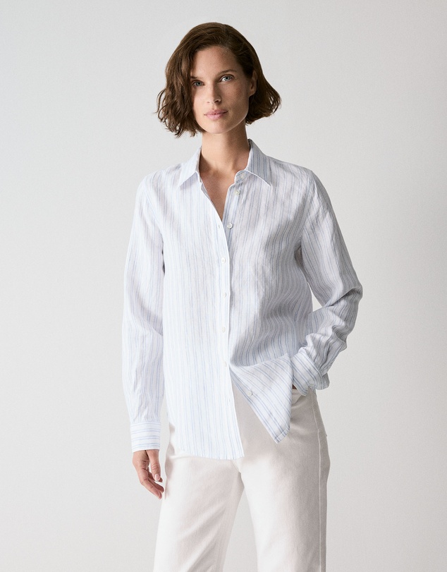Trenery - Yarn Dyed Linen Twin Stripe Shirt in Mid Blue