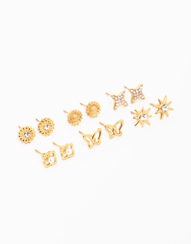 Lovisa - Waterproof Gold Plated Stainless Steel Cubic Zirconia Butterfly Stud Earrings 6-Pack