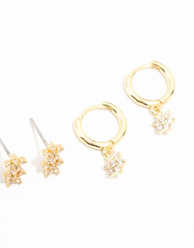 Lovisa - Gold Plated Brass Cubic Zirconia Flower Earrings 4-Pack