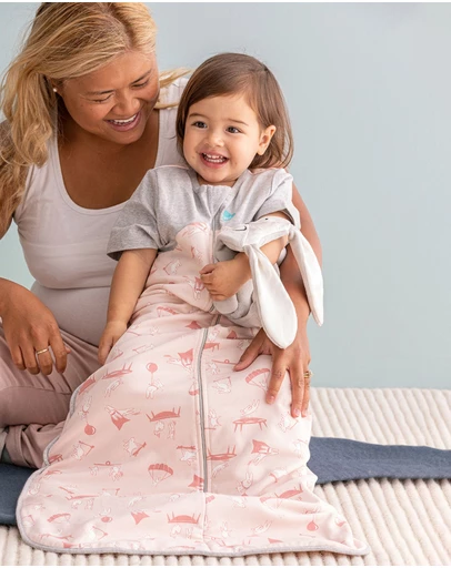 Love to Dream - Sleep Bag 1.0 TOG Organic Cotton Short Sleeve Daredevil Bunny in Light Pink