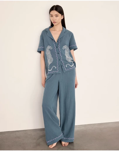 Chelsea Peers - Leopard Embroidery Short Sleeve Revere and Wide Leg Pyjama Set