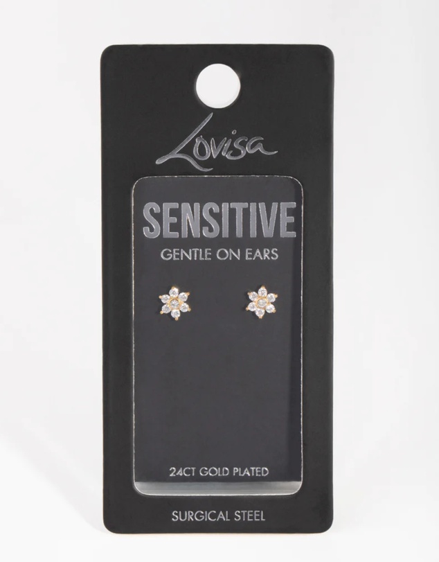 Lovisa - 24 Carat Gold Plated Surgical Steel Cubic Zirconia Flower Stud Earrings