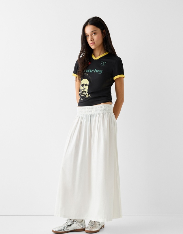 Bershka - Poplin Midi Skirt With Elastic Waistband