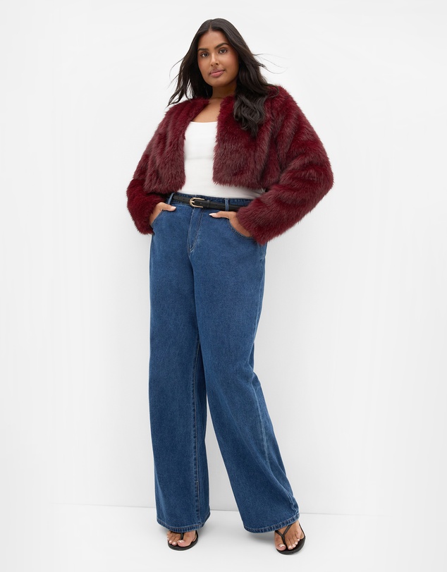 City Chic - Plus size Angel Faux Fur Crop Jacket - bordeaux