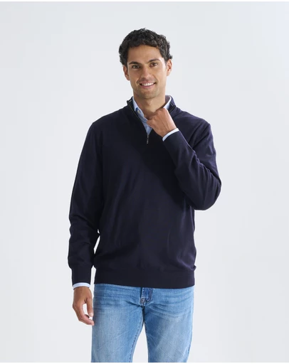 3 Wise Men - 3 Wise Men Harvey Zip Neck Merino Knit - Navy