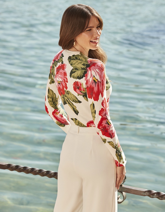 Sosandar - Cream & Pink Floral Print Jumper With Gold Buttons