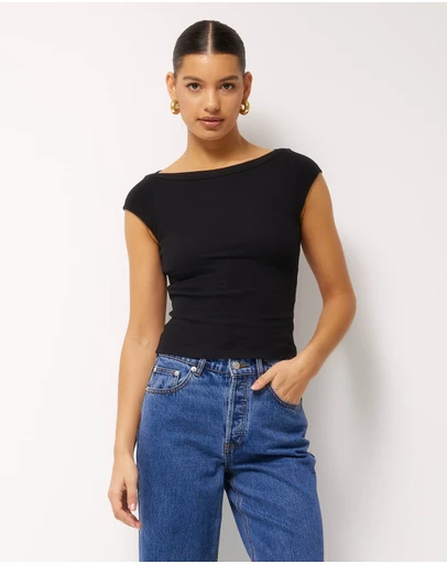 AERE - Boat Neck Cap Sleeve T-Shirt
