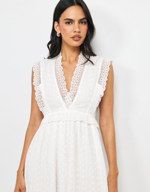 AERE - Iris V Neck Broderie Midi Dress