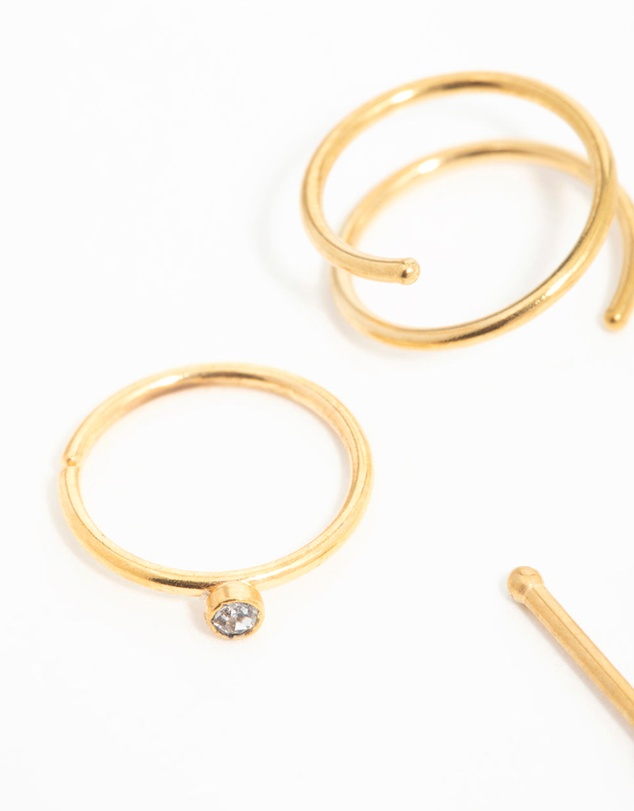 Lovisa - Gold Plated Surgical Steel Cubic Zirconia Bezel Nose Piercings 6-Pack