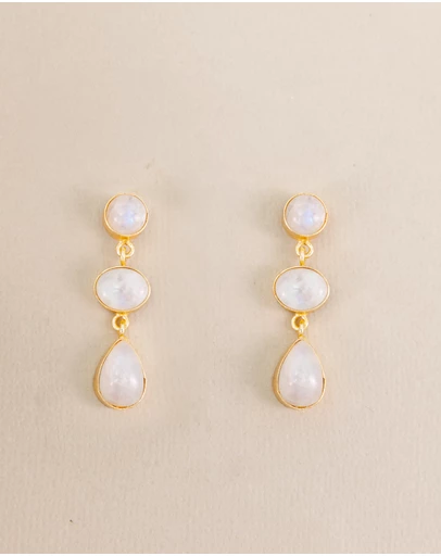 Meshca - 3 Stone Rainbow Moonstone Earrings