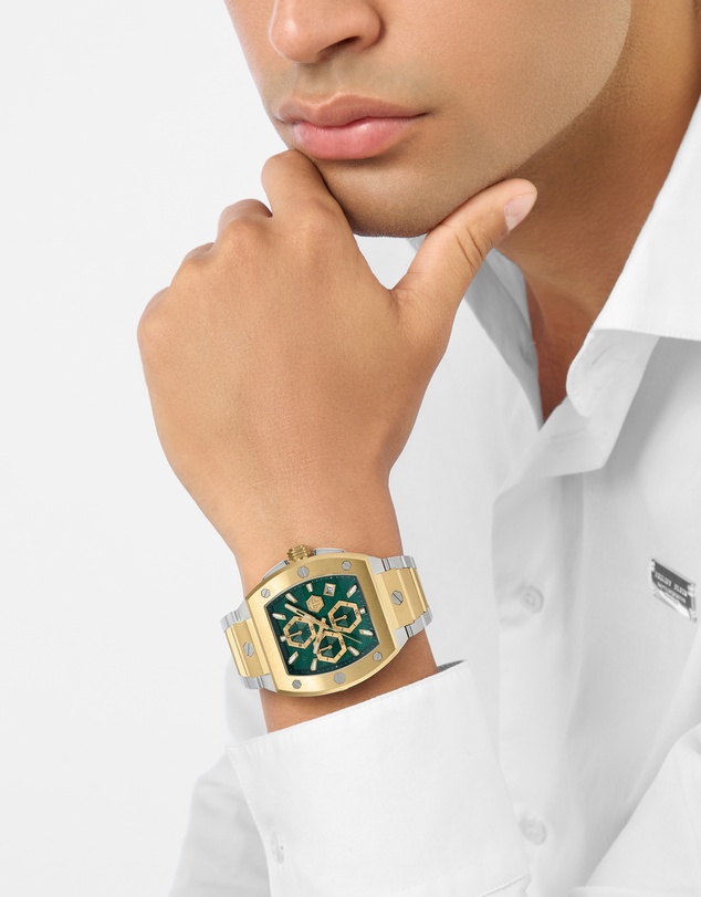 Philipp Plein - Philipp Plein Hexagon Phantom Chrono 44mm Green Dial Two-Tone Stainless Steel Bracelet Watch