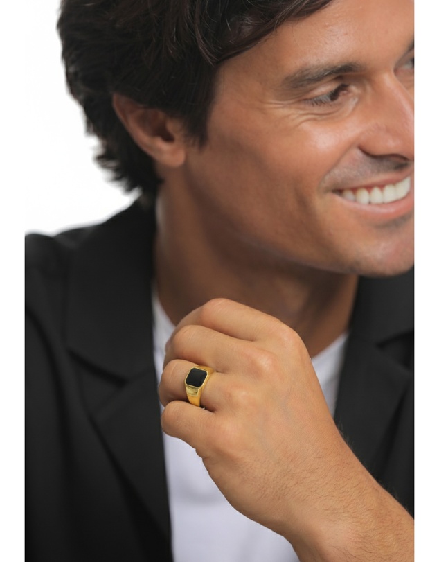 Kuzzoi - ICONIC EXCLUSIVE - Ring Mens Signet Enamel Black Basic in 925 Sterling Silver Gold Plated