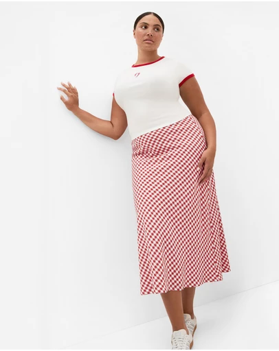 City Chic - Plus size Western Gingham Midi Skirt - rust