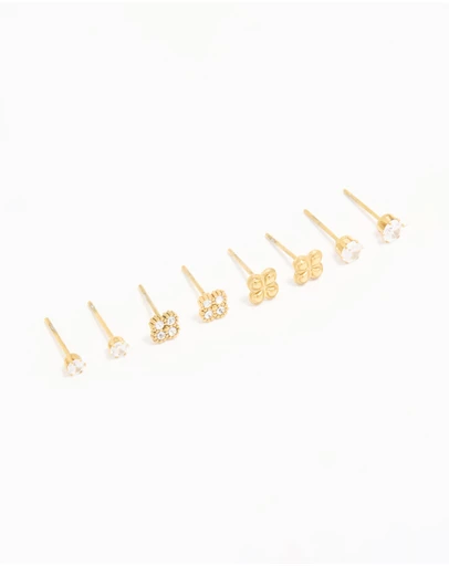 Lovisa - Waterproof Gold Plated Stainless Steel Cubic Zirconia Flower & Classic Stud Earrings 4-Pack