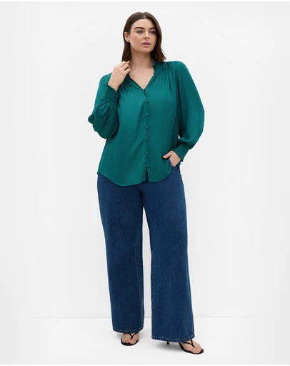 City Chic - Plus size Bringing Drama Long Sleeve Shirt - emerald