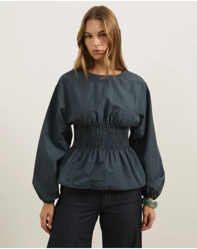 Atmos&Here - Nerissa Check Smocked Long Sleeve Top