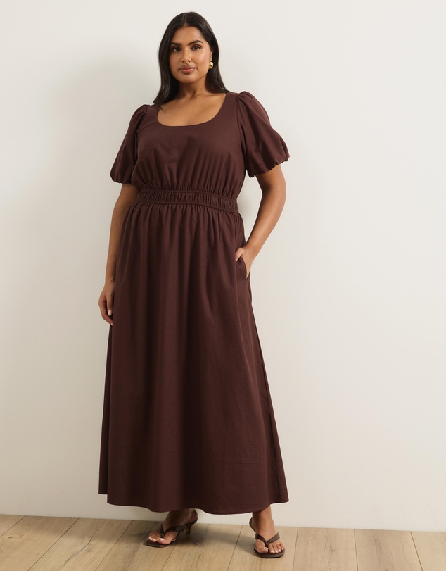 Atmos&Here Curvy - Linen Blend Puff Sleeve Maxi Dress