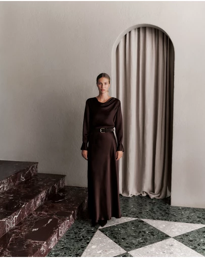 Trenery - Satin Cowl Neck Top in Coffee Bean