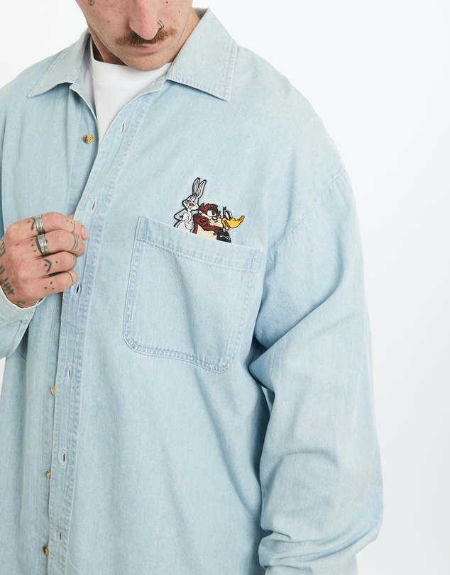 Vintage by The Real Deal - Pre Loved - Vintage 1998 Looney Tunes Cartoon Cartoon Denim Button Up Shirt