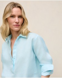Trenery - Linen Relaxed Half Placket Shirt in Pastel Blue