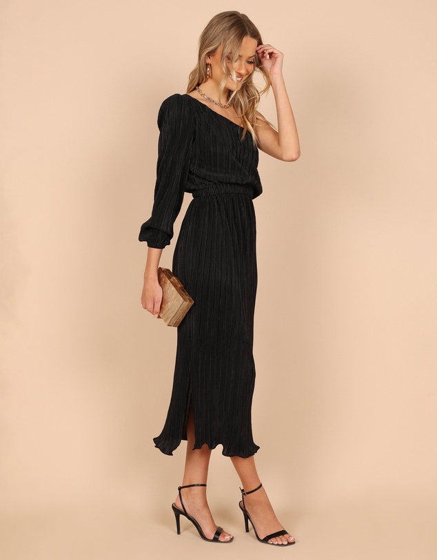 Petal & Pup - Pontee One Shoulder Pleated Midi Dress - Black