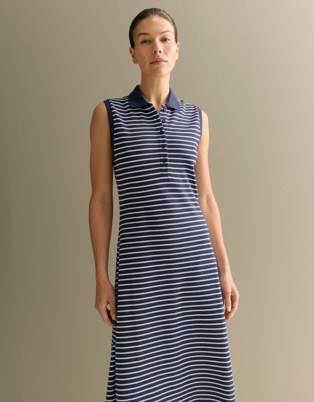 Trenery - Cotton Pique Stripe Sleeveless Polo Dress in Navy