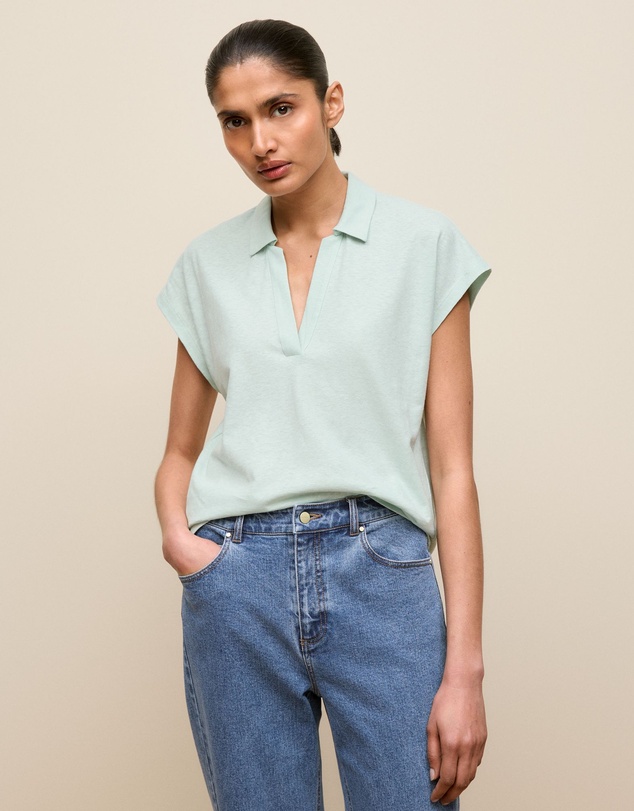 Trenery - Linen Cotton Relaxed Cap Sleeve Polo in Light Mint