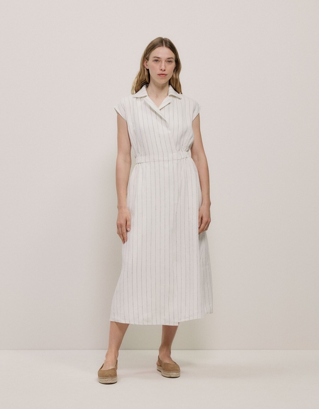 Trenery - Linen Stripe Wrap Detail Dress in Parchment