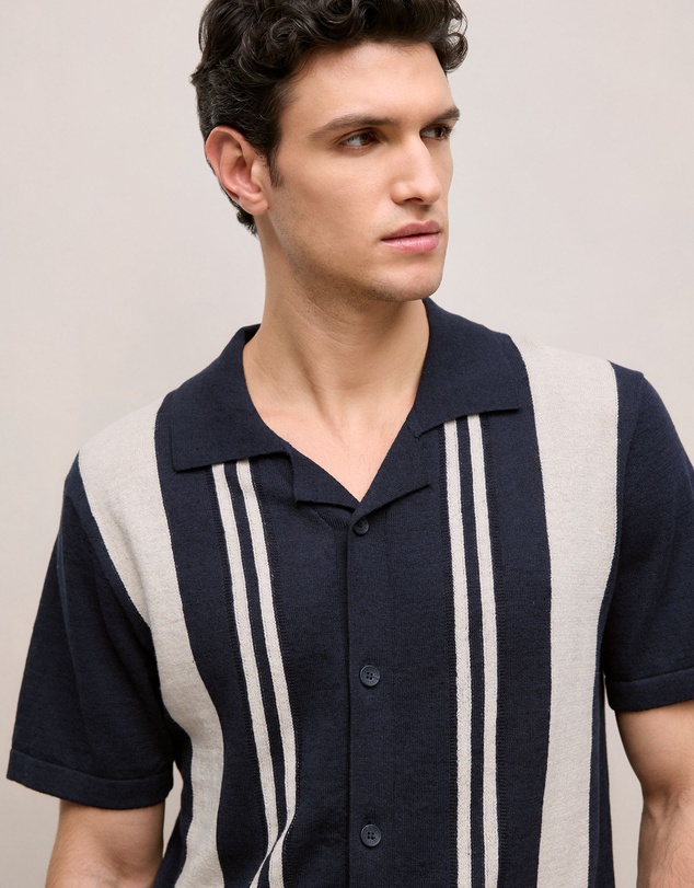 Trenery - Linen Cotton Stripe Intarsia Knit Shirt in Navy