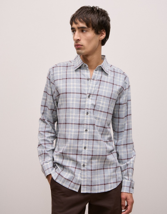 Trenery - Brushed Cotton Melange Check Shirt in Light Grey Marle