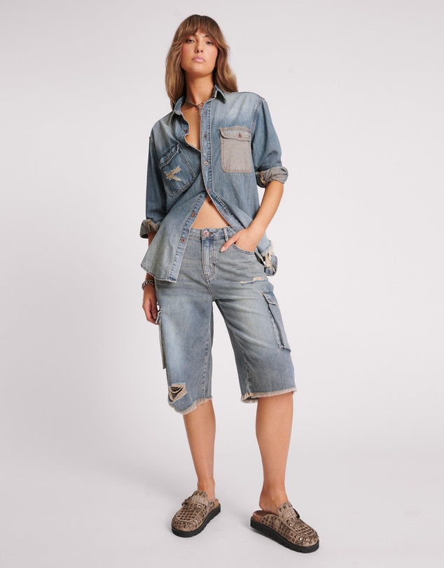 ONE TEASPOON - Skater Girl Low Waist Super Long Leg Denim Jorts - Dirty Blue