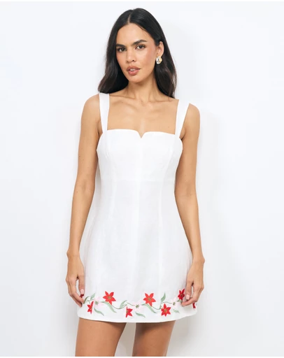 AERE - Sybella Embroidered Linen Mini Dress