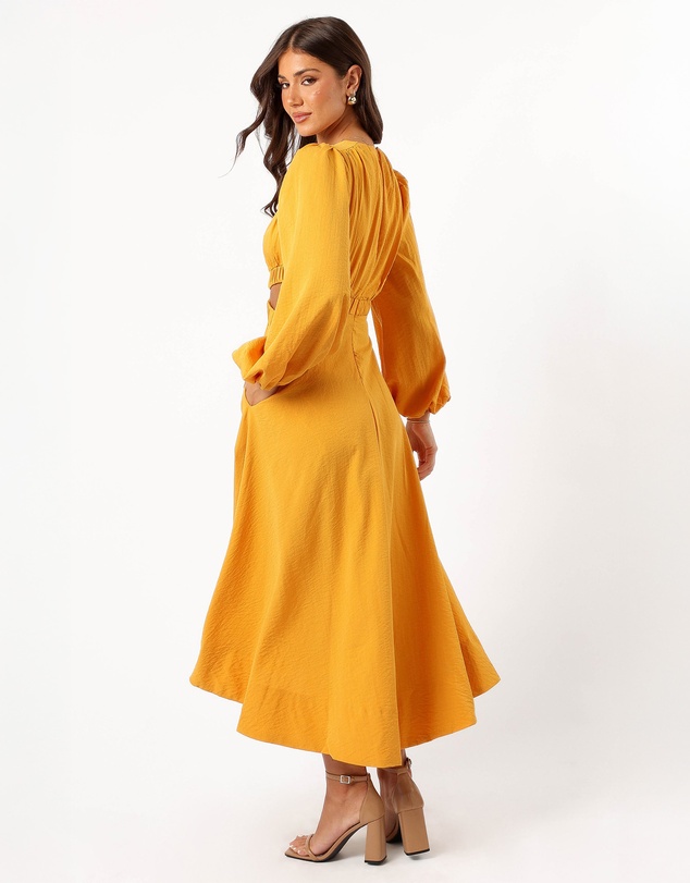 Petal & Pup - Ginnee Puff Sleeve Cutout Midi Dress - Mustard