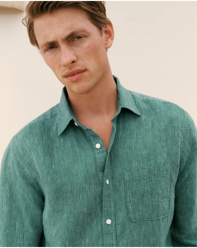 Trenery - Regular Fit Linen Fine Stripe Shirt in Deep Green