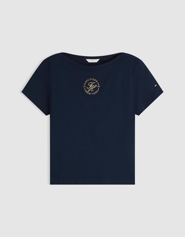 Tommy Hilfiger - Metallic Logo Embroidery Boat Neck T-Shirt