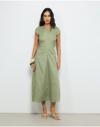 AERE - Lucia Ruched Linen Midi Dress