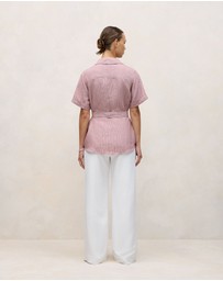Trenery - Linen End On End Stripe Belted Shirt in Light Pink