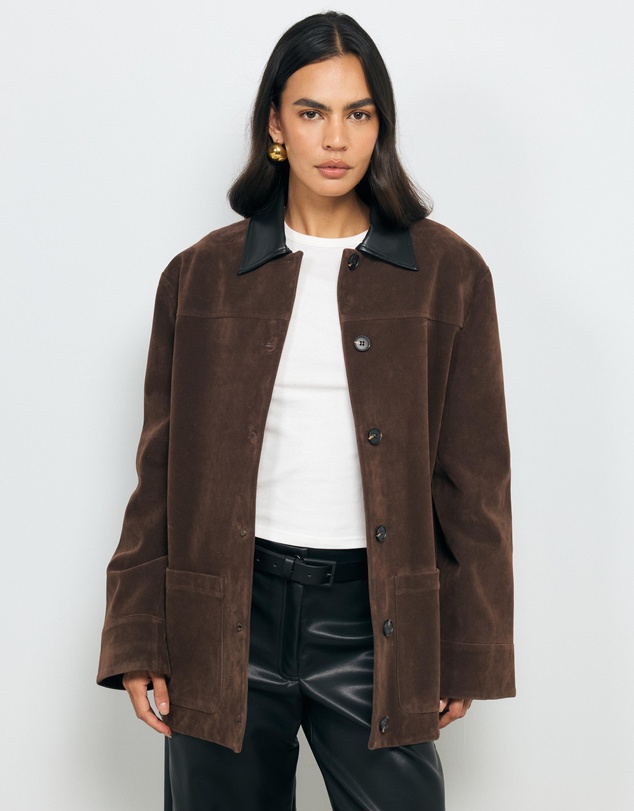 AERE - Contrast Collar Suede Look Jacket