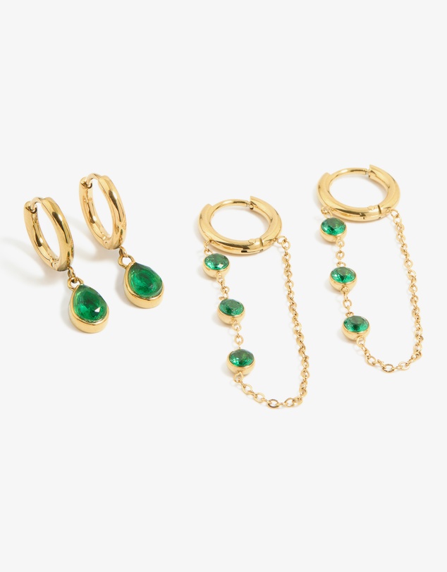 Lovisa - Waterproof Gold Plated Stainless Steel Green Cubic Zirconia Huggie Earrings 2-Pack