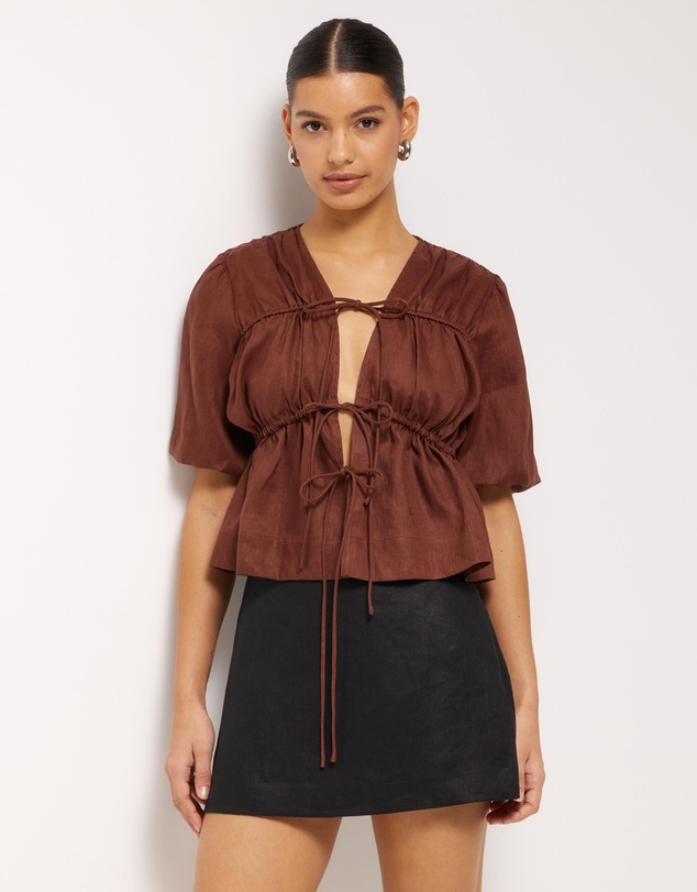 AERE - Linen Gathered Tie Front Top
