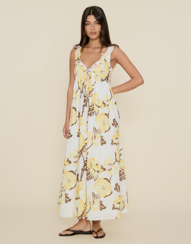 The Fated - Tie Front Ruffle Midi Dress