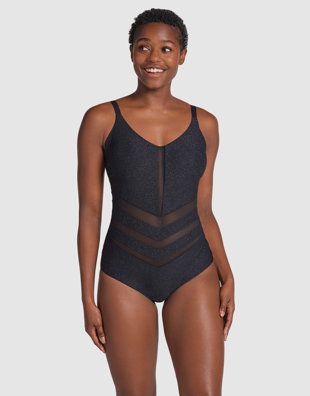 Leonisa - Glittery Backless Tummy Shaping One-Piece Swimsuit with Mesh