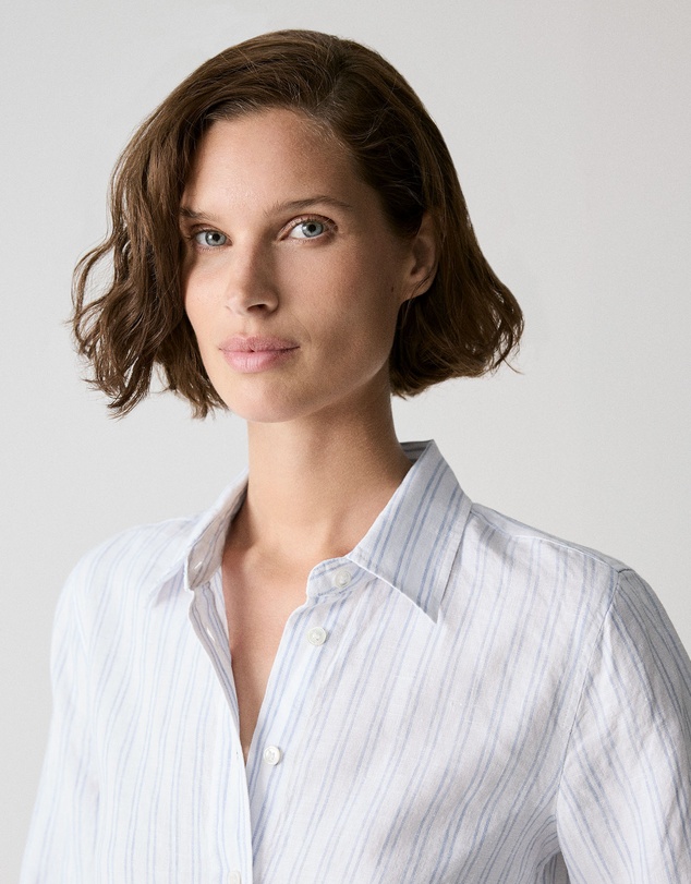 Trenery - Yarn Dyed Linen Twin Stripe Shirt in Mid Blue
