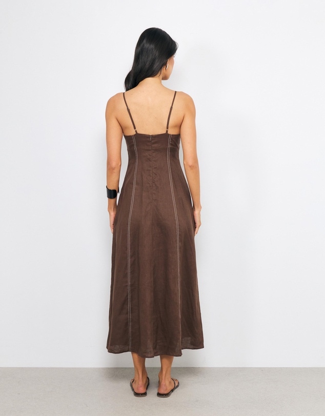 AERE - Maie Contrast Stitch V Neck Linen Midi Dress