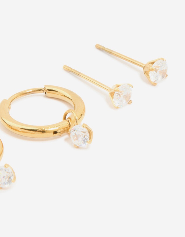 Lovisa - Waterproof Gold Plated Stainless Steel Cubic Zirconia Huggie & Stud Earrings 3-Pack
