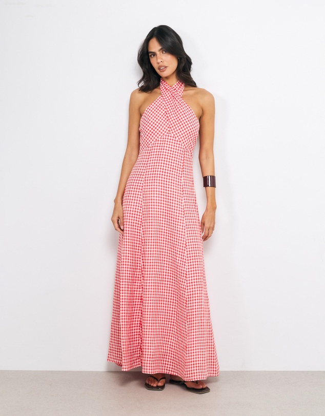 AERE - Nolana Gingham Halter Maxi Dress