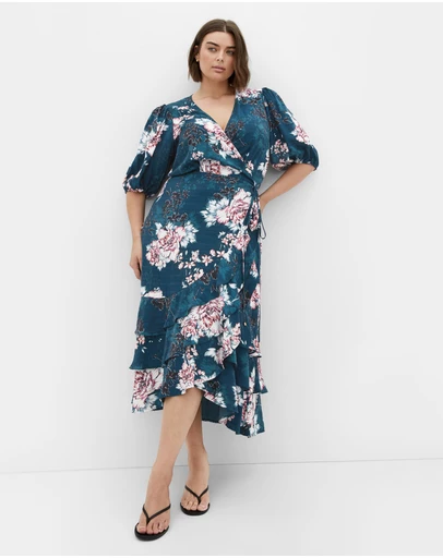 City Chic - Plus size Bri Floral Wrap Dress - jade