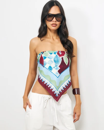 AERE - Azul Print Linen Scarf Top